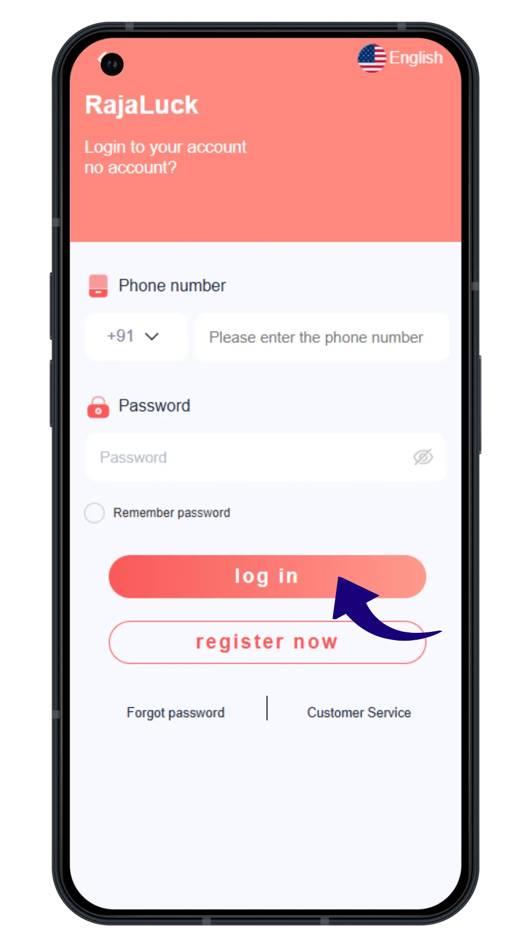 Raja Luck login screen