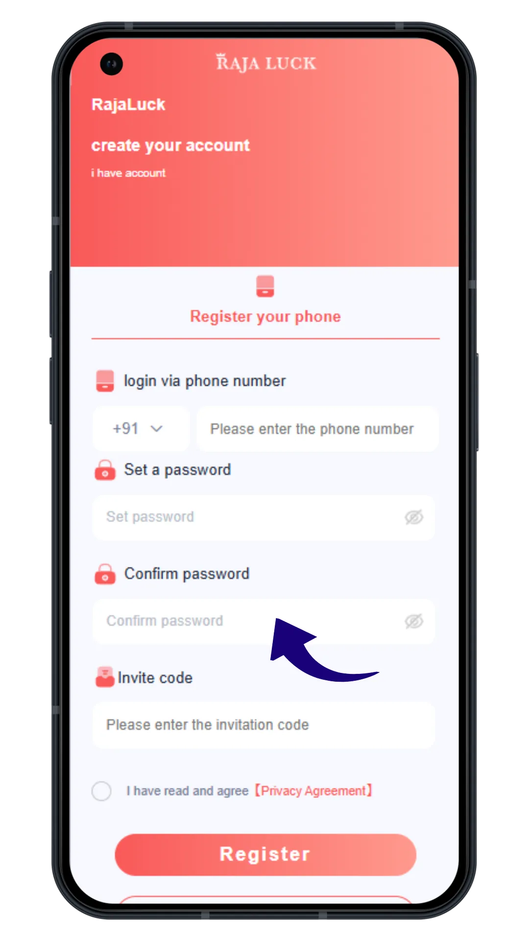 Entering password on Raja Luck