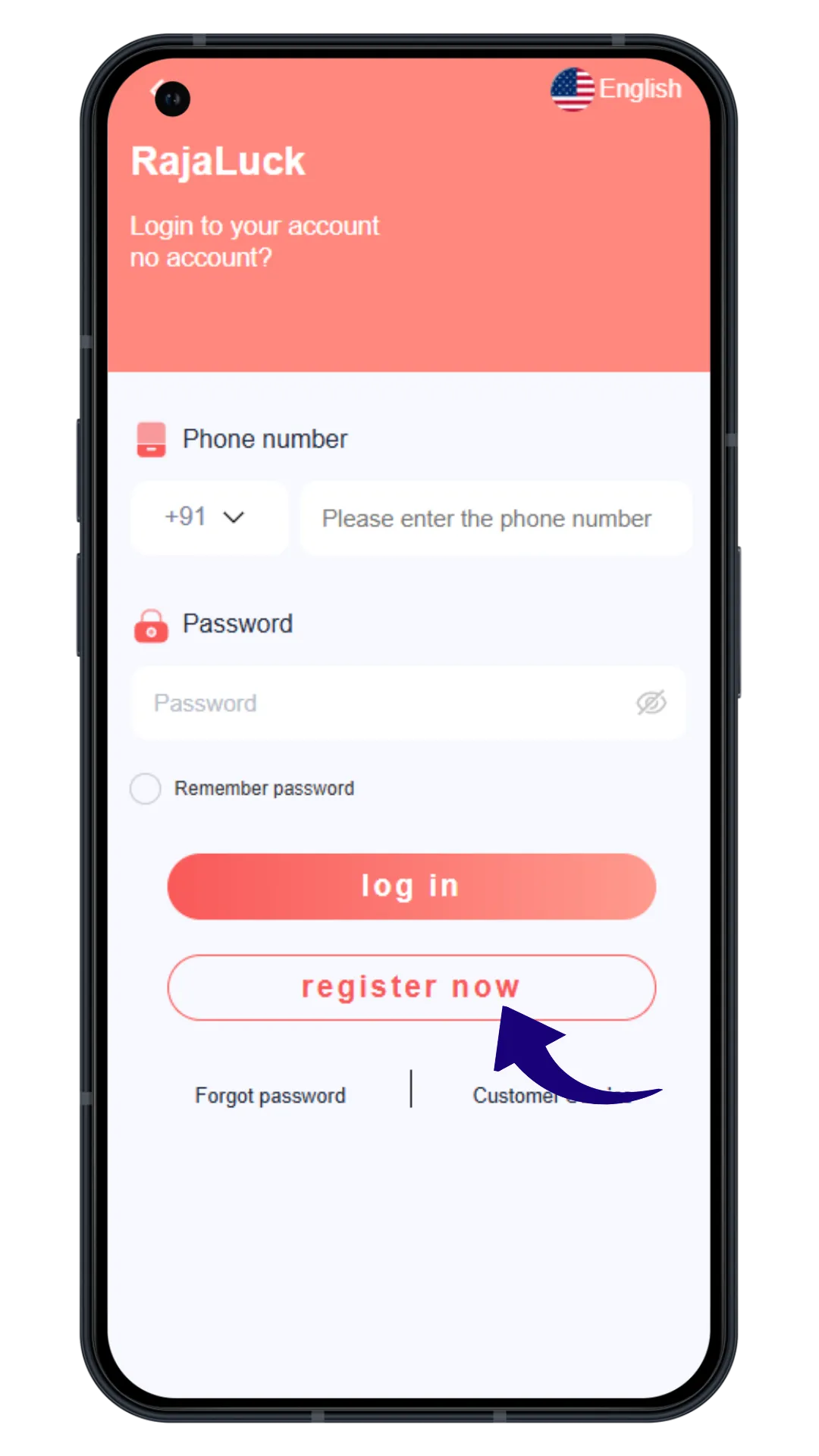Raja Luck register screen