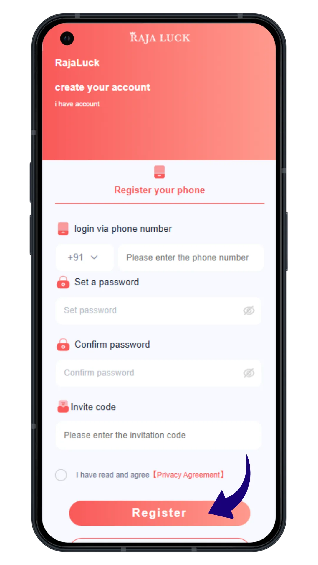 Completing signup on Raja Luck